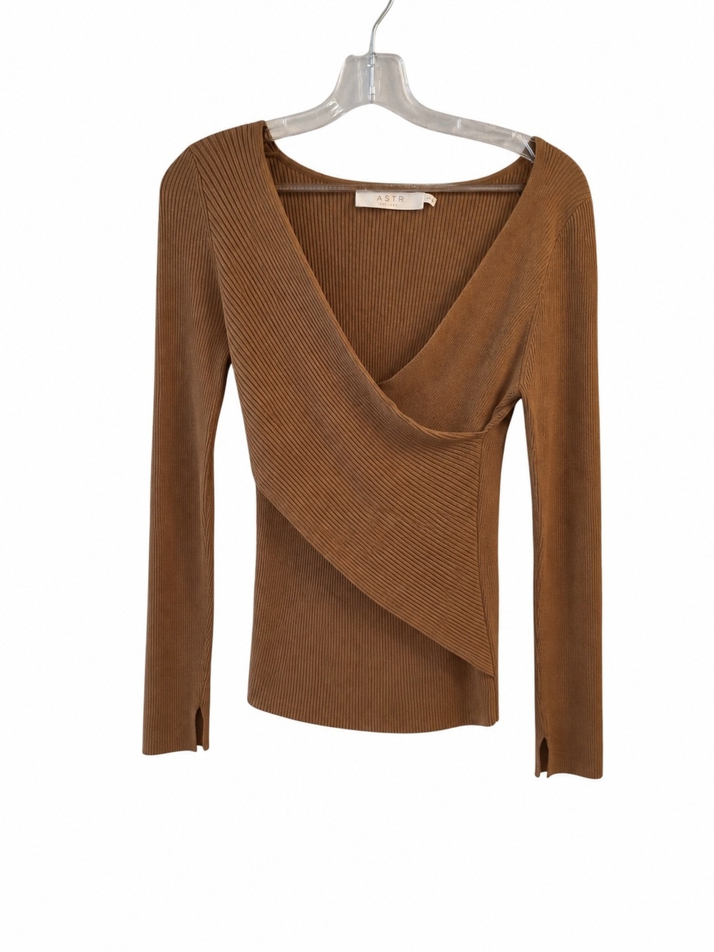 Astr Ribbed Faux Wrap Long Sleeve V Neck Sweater Top In Brown - Picture 3 of 6